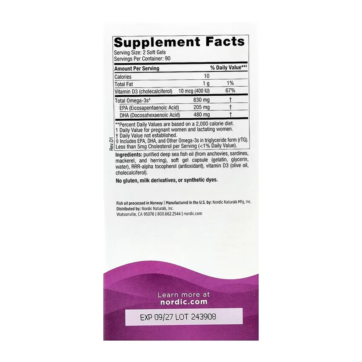 Prenatal DHA Nordic Naturals Риб'ячий жир 180 м'яких гелів 830 мг Омега-3 400 МЕ вітаміну D3