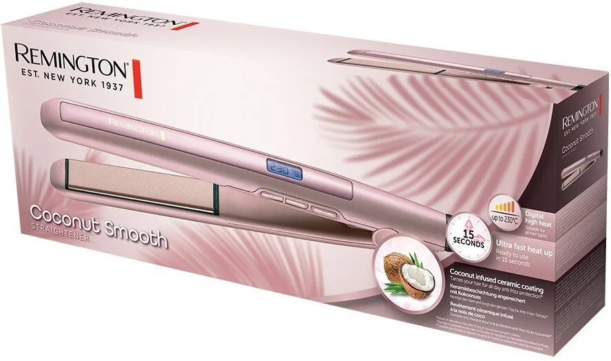 Випрямляч волосся Remington Coconut Smooth, 47Вт, 9 температурних режимів, 150-230°C, з дисплеєм, керамічне покриття, рожевий.