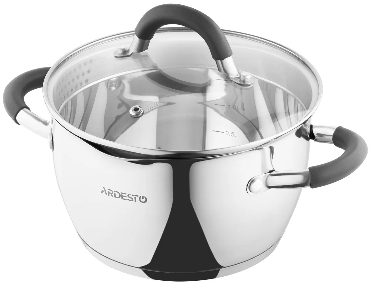 Каструля з прозорою кришкою та зливом ARDESTO Gemini Livorno, 2.3л, з нержавіючої сталі та силікону.