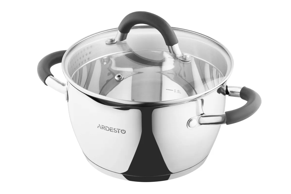 Каструля з прозорою кришкою та зливом ARDESTO Gemini Livorno, 2.3л, з нержавіючої сталі та силікону.