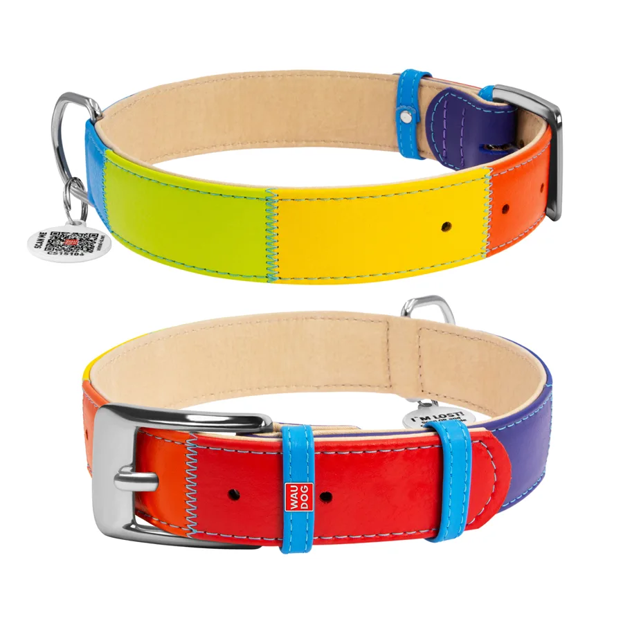 Нашийник WAUDOG Glamour шкіряний XL 35 мм 46-60 см кольорова Веселка