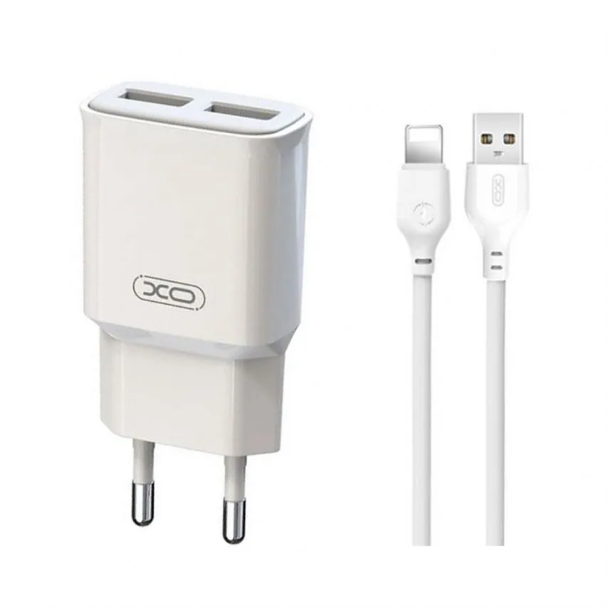 Мережевий зарядний пристрій XO 2USB 2,4A з кабелем USB to Lightning 1м Білий