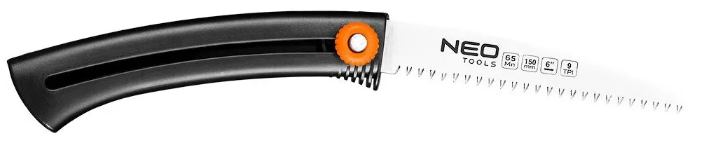 Садова пила Neo Tools, 15 см, телескопічне лезо, 3D-зубці, сталь 65Mn, зручне кріплення для пояса, вага 0,09 кг.