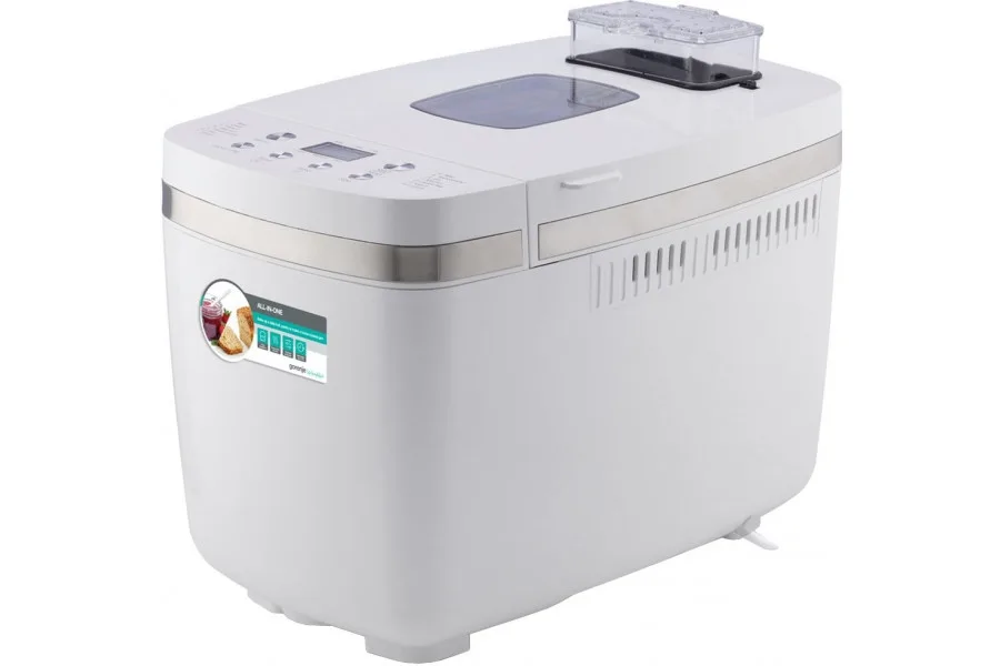 Хлібопічка Gorenje 750Вт, 14 програм, максимальна вага 1.35 кг, прямокутна форма, пластиковий корпус, білий колір.