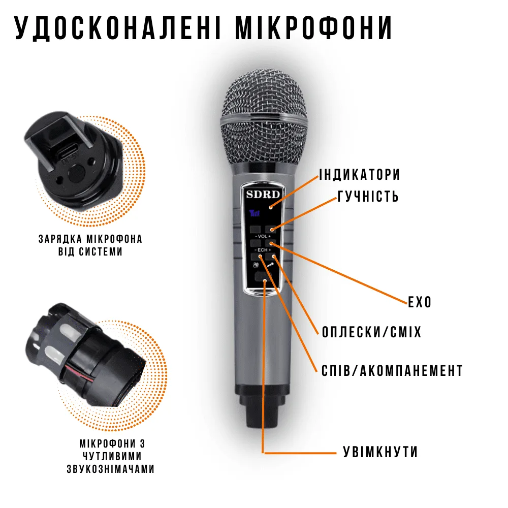 Портативна бездротова караоке система SDRD SD-306plus 30 Вт 330x140x165 мм алюміній, чорна