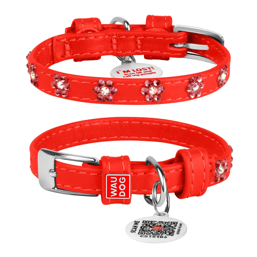 Нашийник WAUDOG Glamour шкіряний 12х21-29 см червоний з QR паспортом і стразами Квіти