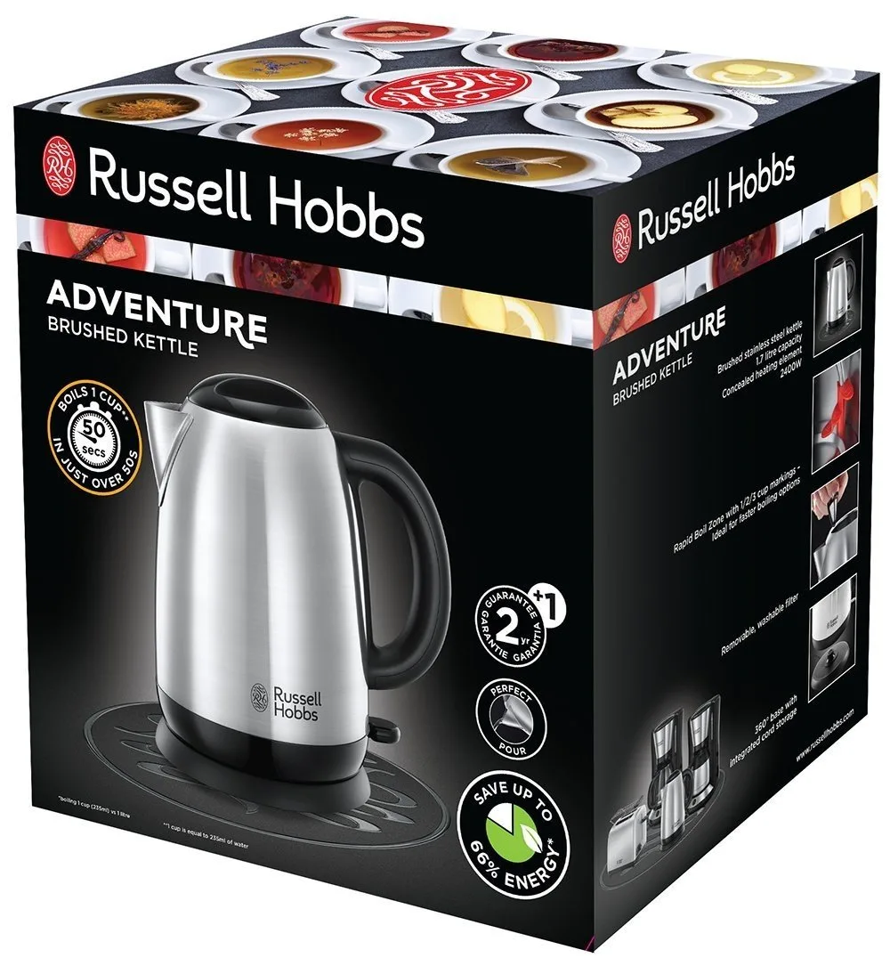 Электрический чайник Russell Hobbs Adventure 17 л, металлический, серебристый с черными акцентами