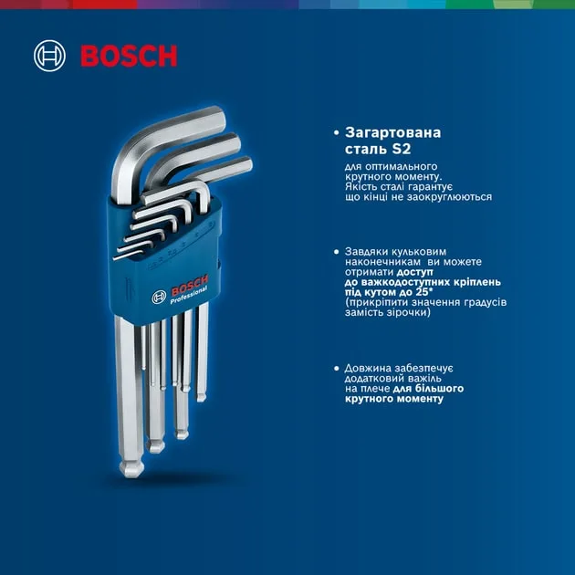 Набір шестигранних ключів Bosch Professional з кульовим наконечником, 9 штук.