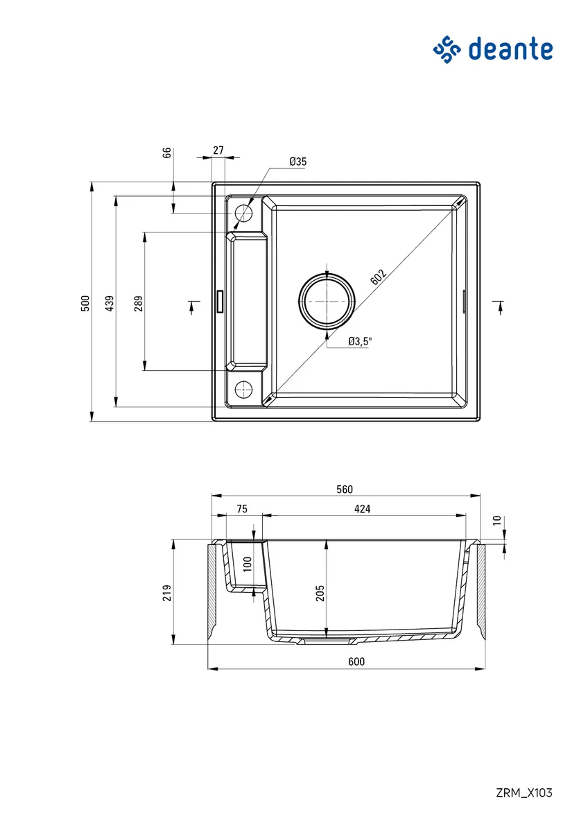 Кухонна мийка Deante Magnetic, гранітна, квадратна, без крила, 560х500х219 мм, однокамерна, накладна, чорна матова.