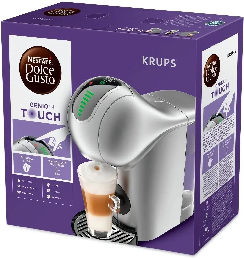 Кавоварка Krups капсульного типу Dolce Gusto Genio S Touch, 0.8л, для капсул, з сенсорним управлінням, сріблястого кольору.