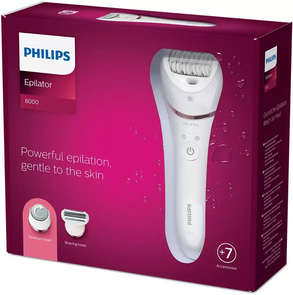Епілятор Philips Series 8000: акумуляторний дисковий пристрій з пінцетом, 5 насадками, для вологого та сухого використання, біло-р