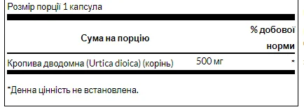 Крапива двудомная корень 500 мг 100 капсул Swanson