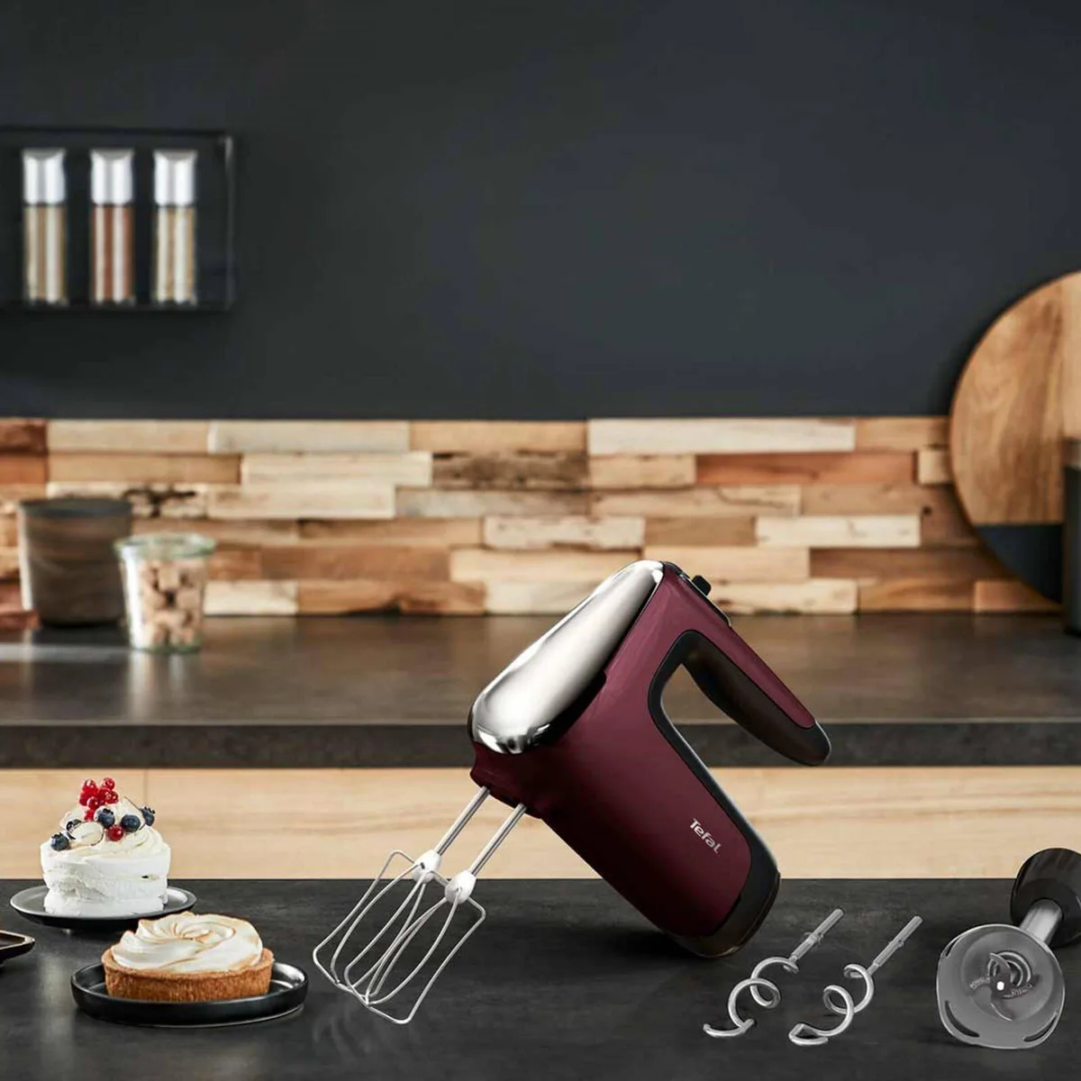 Ручний міксер Tefal Powermix Silence 600Вт, 4 насадки, турбо-режим, бордовий.