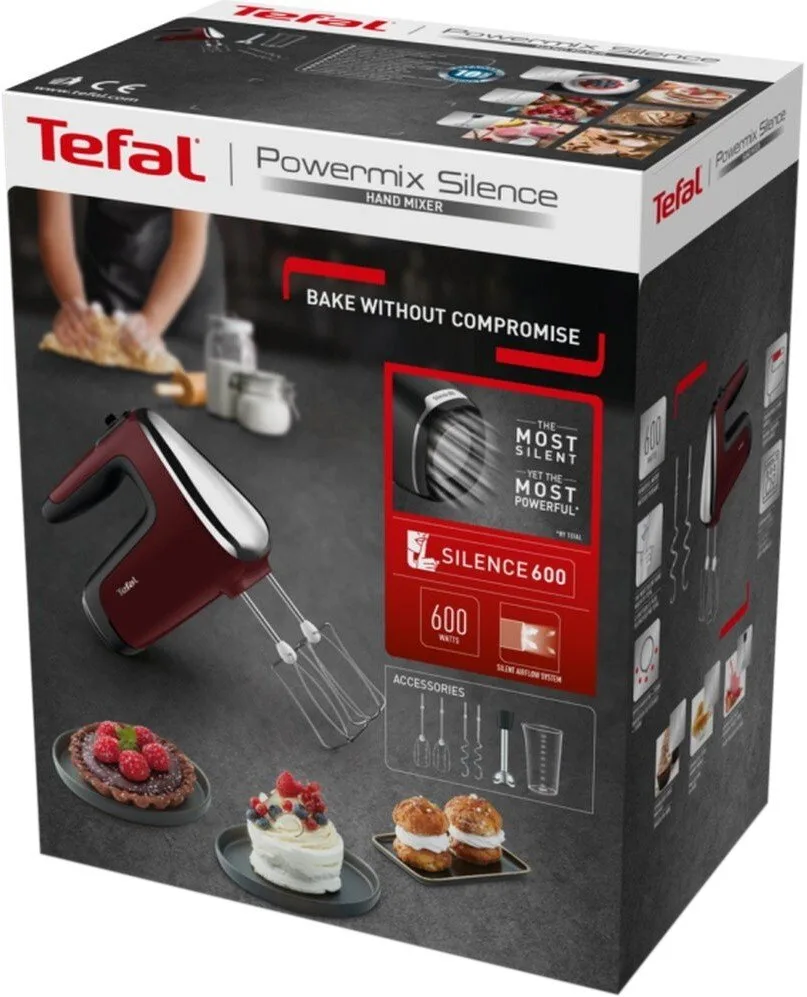 Ручний міксер Tefal Powermix Silence 600Вт, 4 насадки, турбо-режим, бордовий.