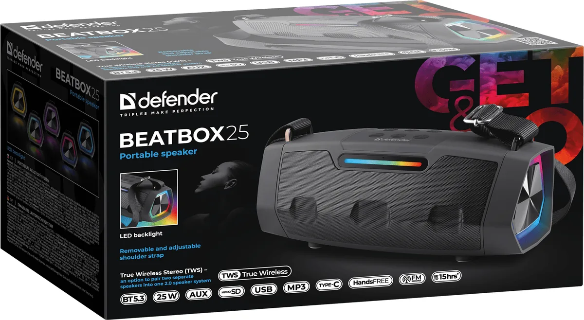 Портативна акустика Defender пластик 12х13,78х28,5 см чорна 25Вт