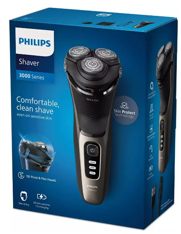 Електробритва Philips роторна для чоловіків чорна 3 головки 60 хв автономної роботи