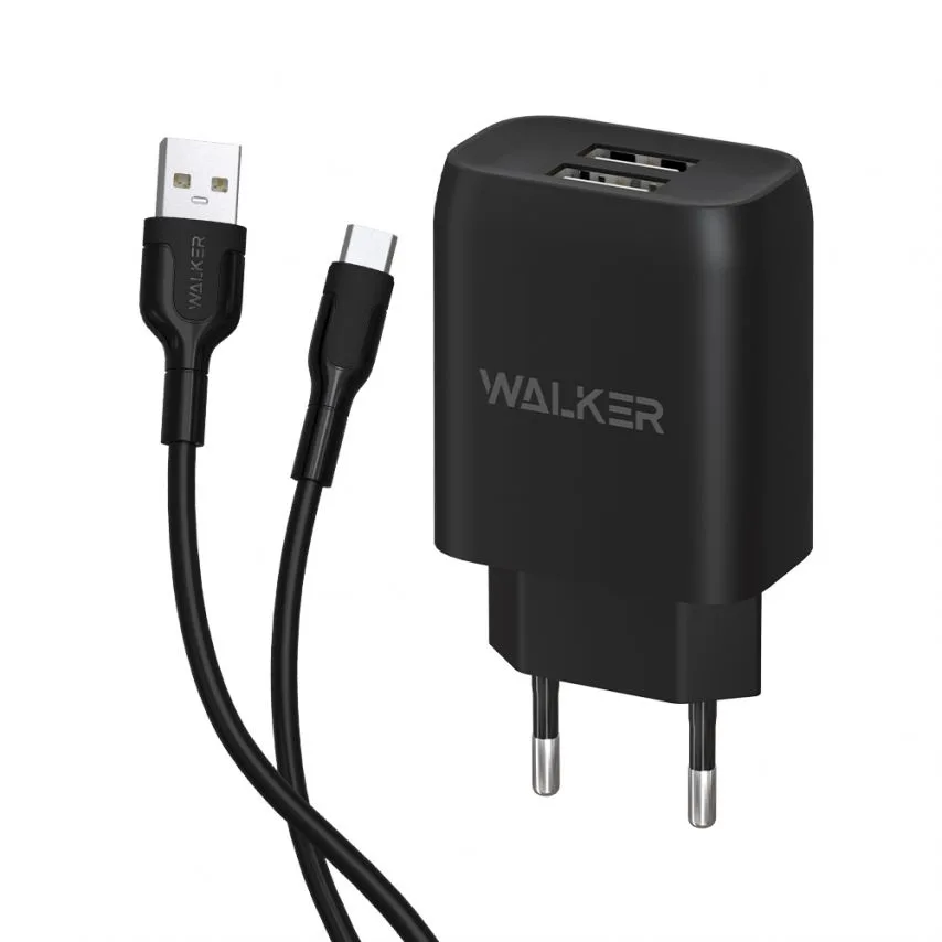 Сетевой зарядное устройство WALKER пластиковое 68х40х22 мм черное 2USB 2.1A
