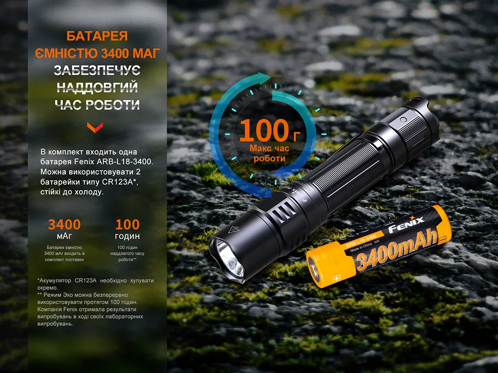 Тактический аккумуляторный фонарь Fenix, алюминий, 136х25,4х23,2 мм, черный.