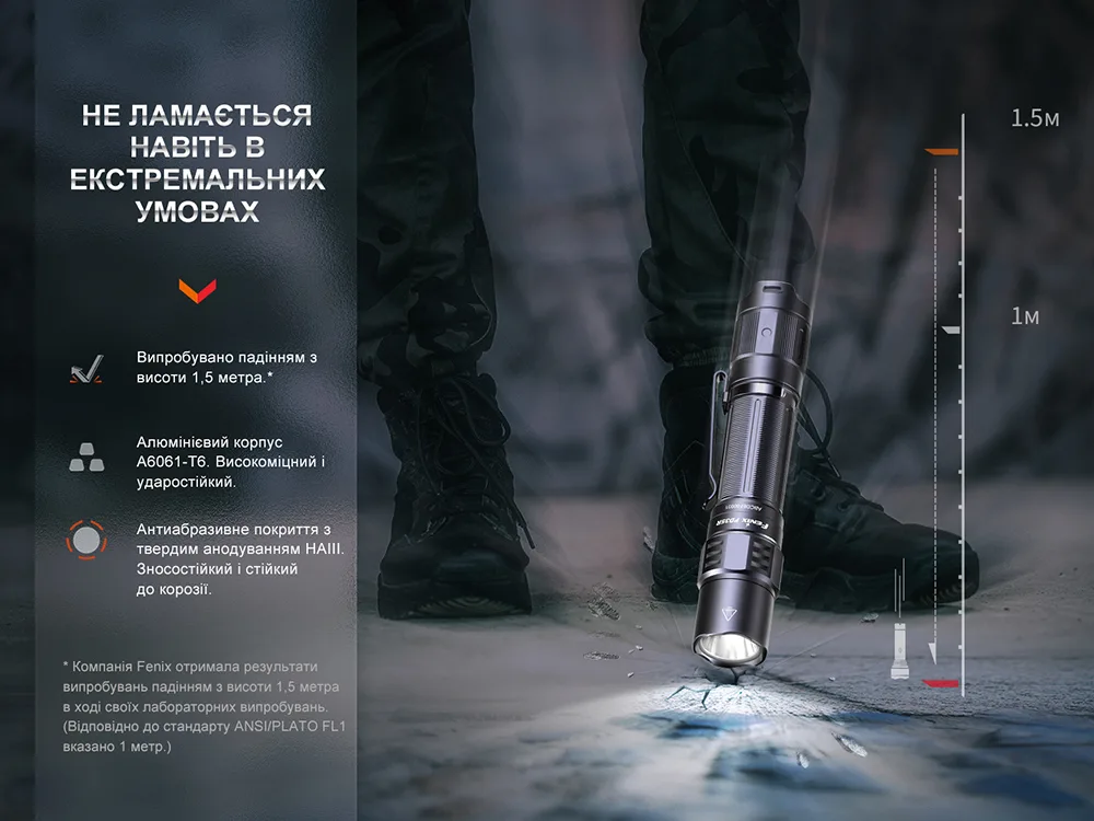 Тактический аккумуляторный фонарь Fenix, алюминий, 136х25,4х23,2 мм, черный.