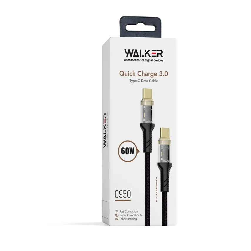 Кабель USB WALKER Type-C to Type-C 1м тканинний чорний 60W Quick Charge 3.0
