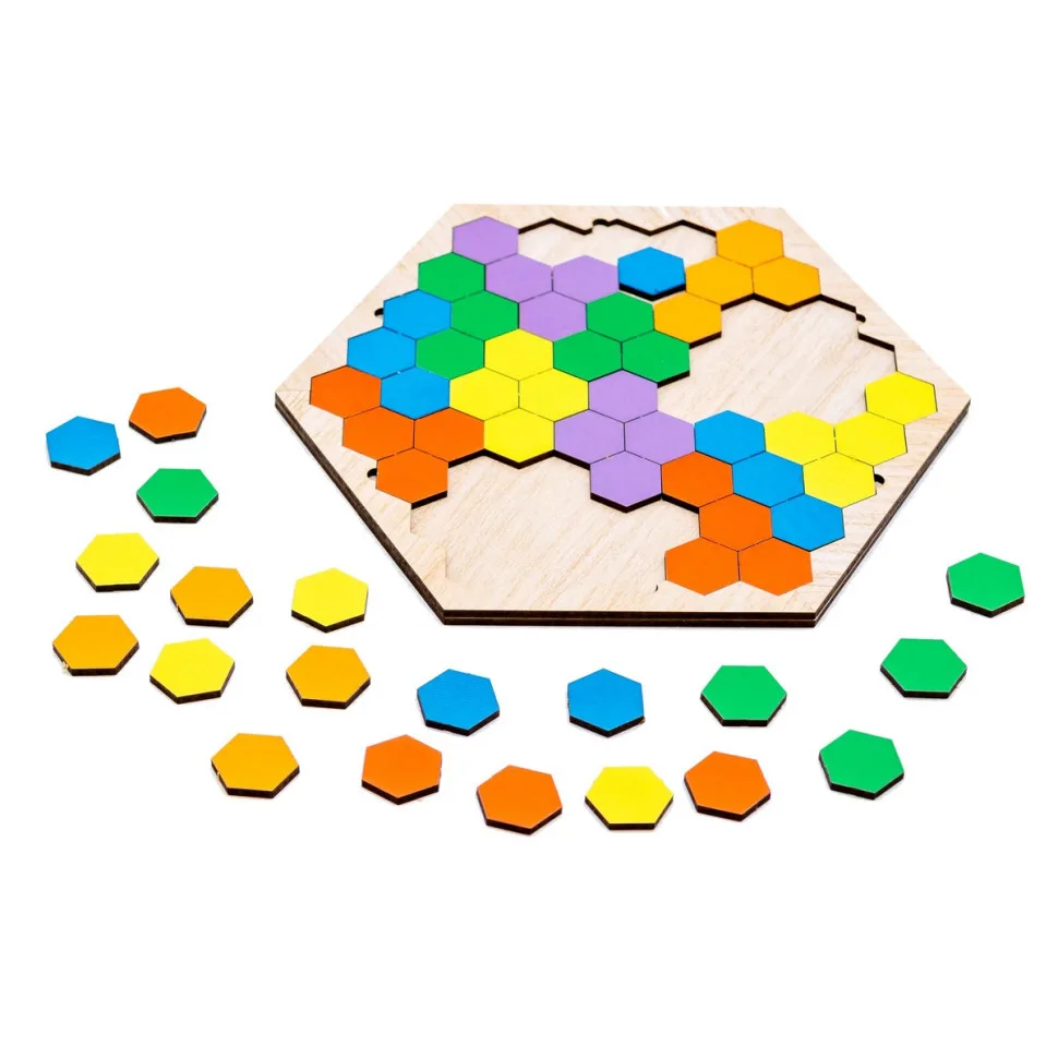 Настільна гра PuzzleOK дерев'яна 20 елементів кольорові шестикутники 20х20 см дерево різні кольори