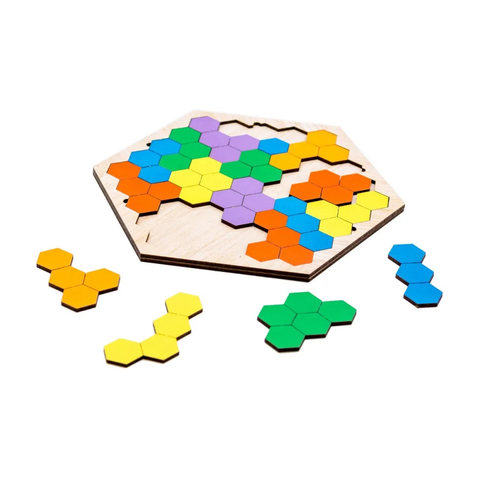 Настільна гра PuzzleOK дерев'яна 20 елементів кольорові шестикутники 20х20 см дерево різні кольори