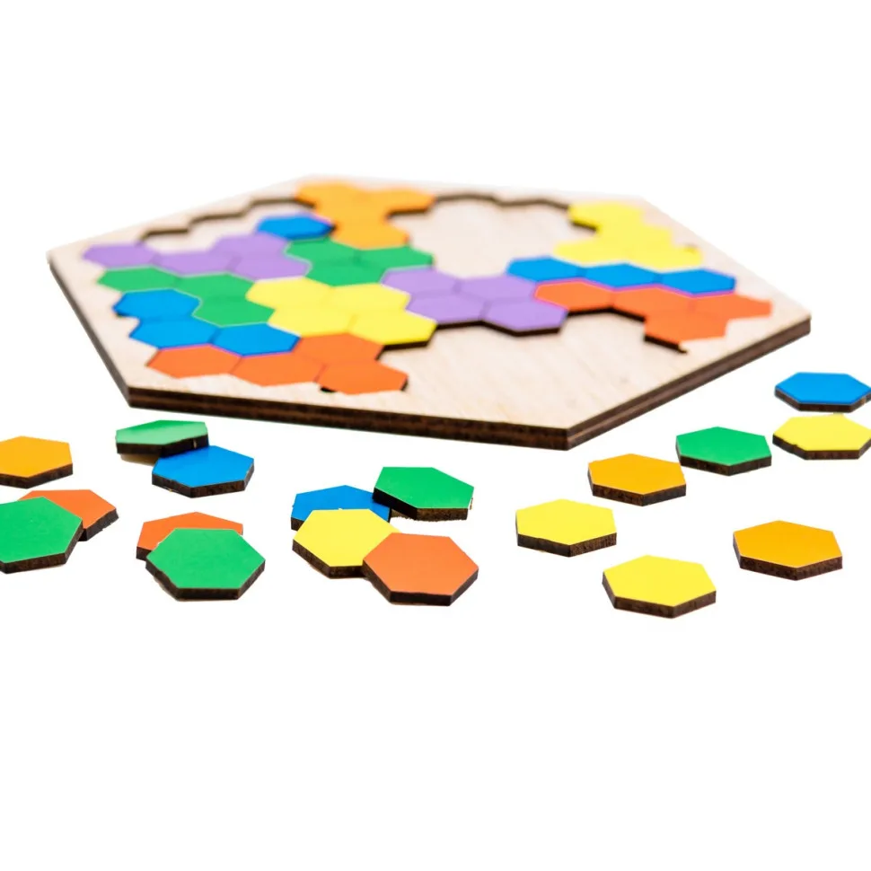 Настільна гра PuzzleOK дерев'яна 20 елементів кольорові шестикутники 20х20 см дерево різні кольори