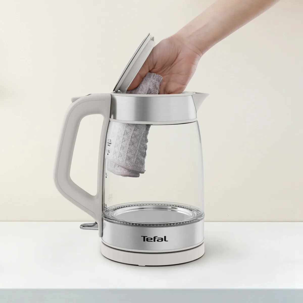 Електрочайник Tefal Скляний 1.7л з підсвіткою, біло-сріблястий.