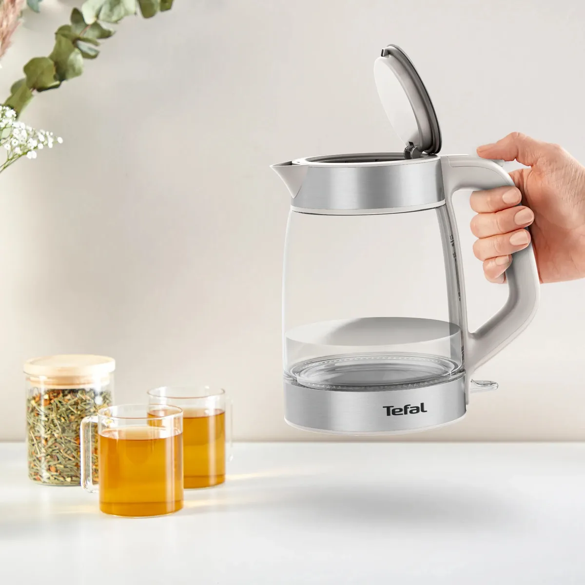 Електрочайник Tefal Скляний 1.7л з підсвіткою, біло-сріблястий.