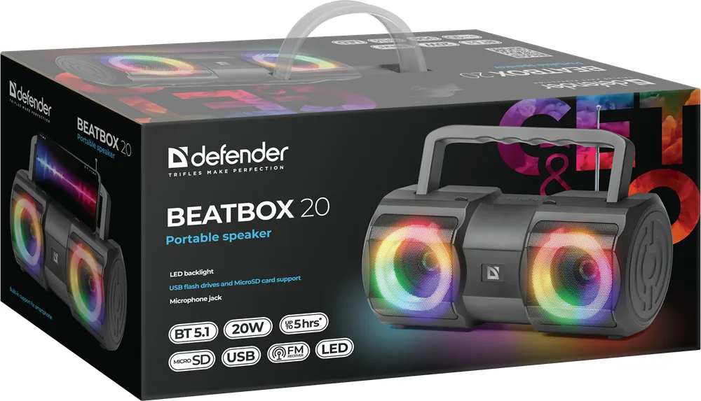 Портативна колонка Defender 20Вт пластик чорна 12х11х24 см