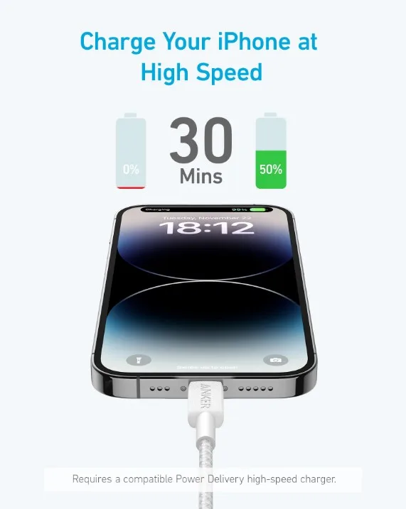 Кабель Anker USB-C до Lightning 0.9 м Нейлон Белый