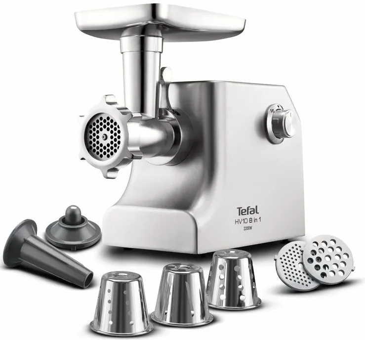 М'ясорубка Tefal HV10 8 в 1, потужність 2200 Вт, продуктивність 5.5 кг/хв, комплект з 3 решіток, насадка для ковбас, кеббе та 3 те