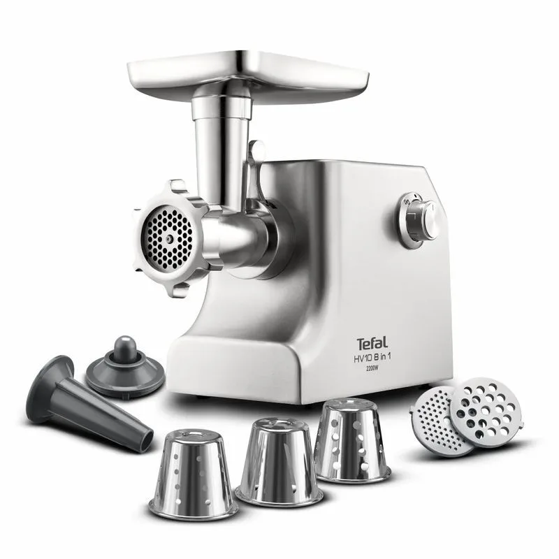 М'ясорубка Tefal HV10 8 в 1, потужність 2200 Вт, продуктивність 5.5 кг/хв, комплект з 3 решіток, насадка для ковбас, кеббе та 3 те