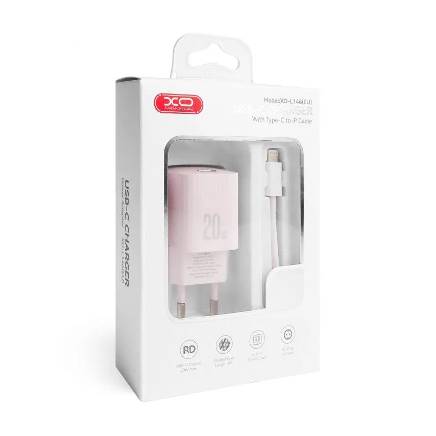 Сетевое зарядное устройство XO 73х32х32 мм Белое 20W с кабелем Type-C to Lightning 1м.