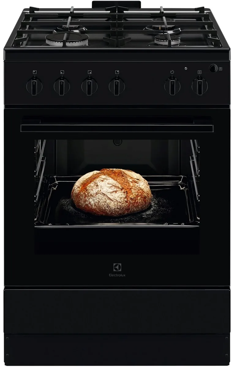 Газова плита Electrolux, 59 л, 60x60 см, чавунний чорно-матовий корпус.