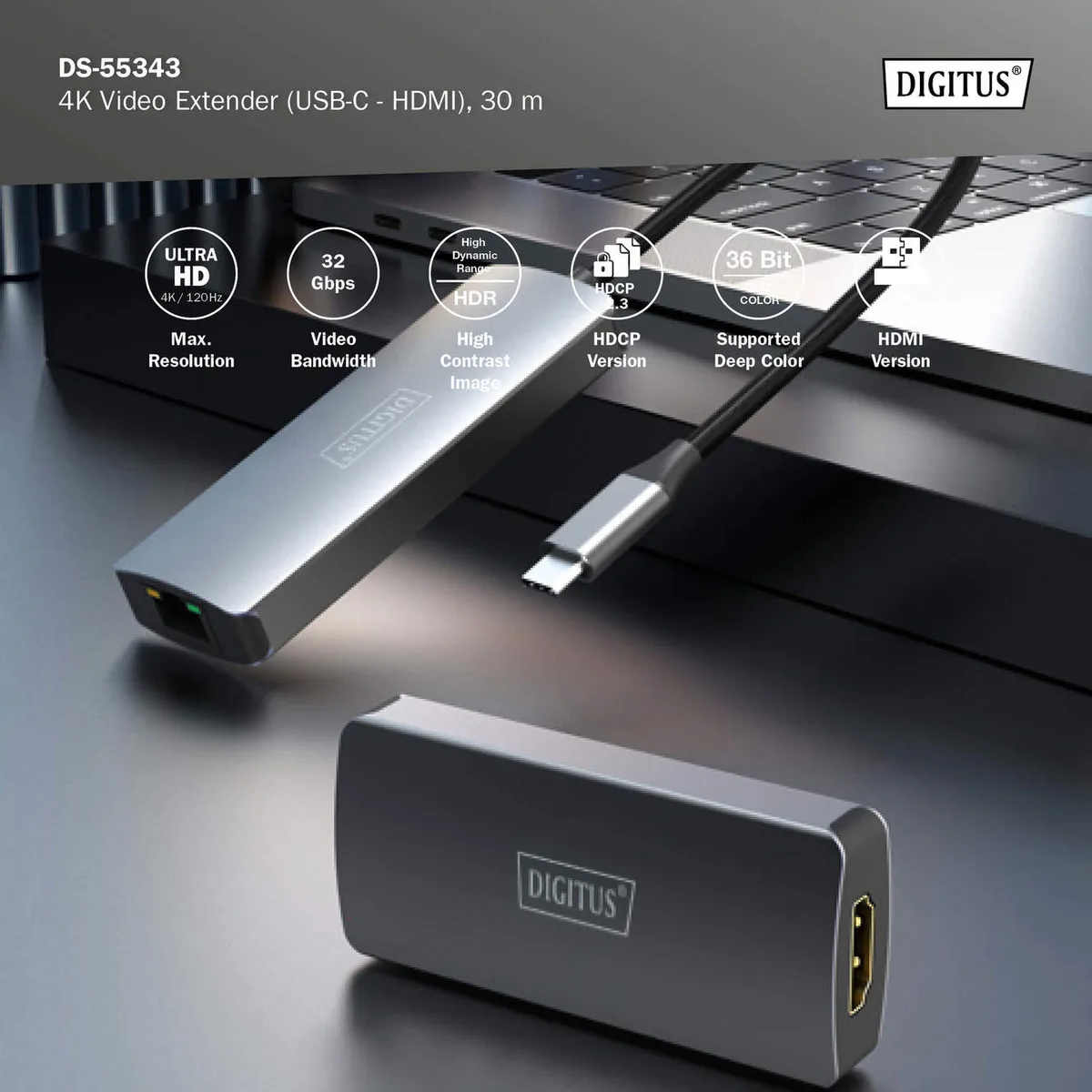 Набір відеоподовжувачів DIGITUS USB-C - HDMI, 4K/120 Гц, CAT6, 30м