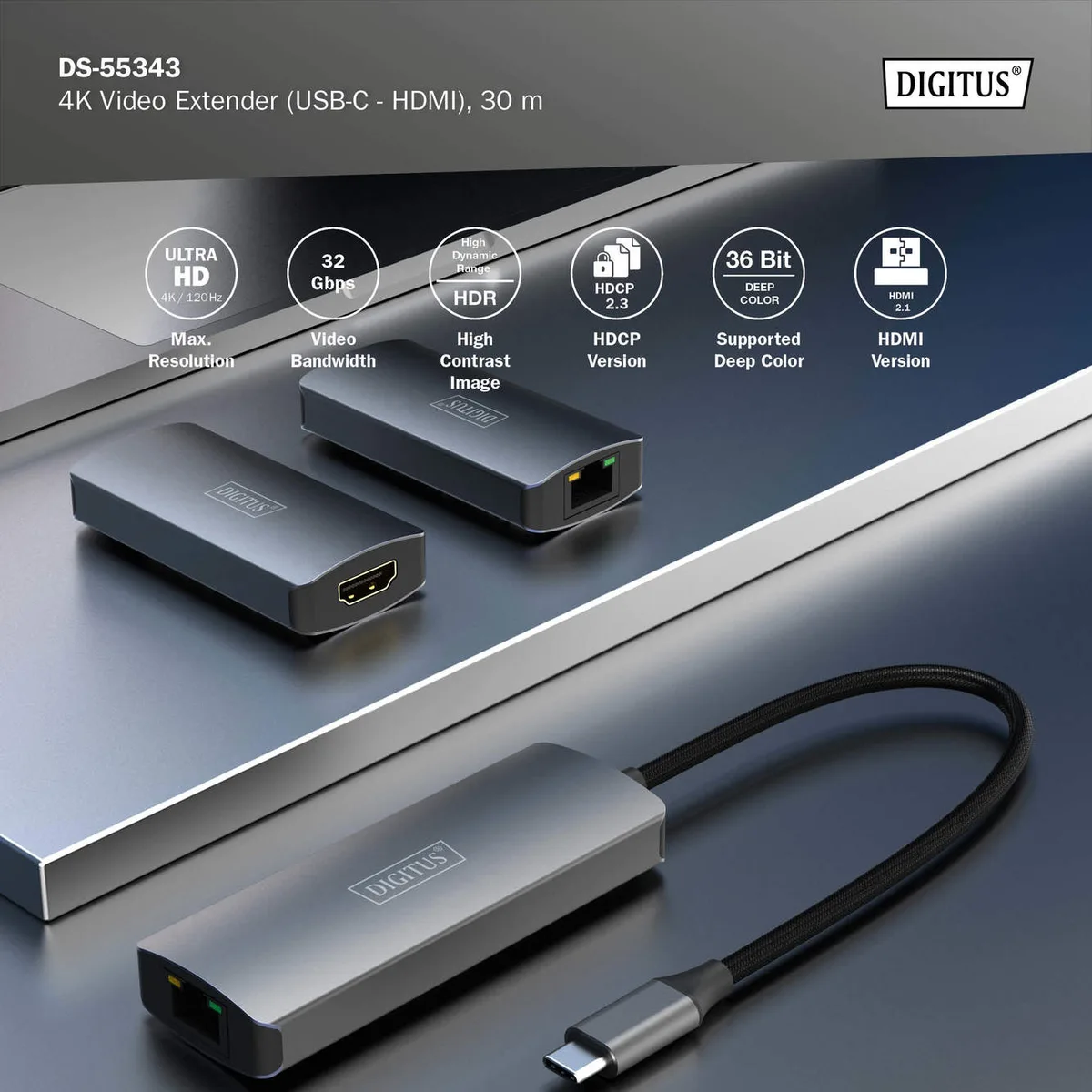Набір відеоподовжувачів DIGITUS USB-C - HDMI, 4K/120 Гц, CAT6, 30м