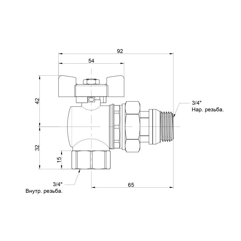Кран шаровой угловой 3/4" с американкой латунь CW617N красный бабочка