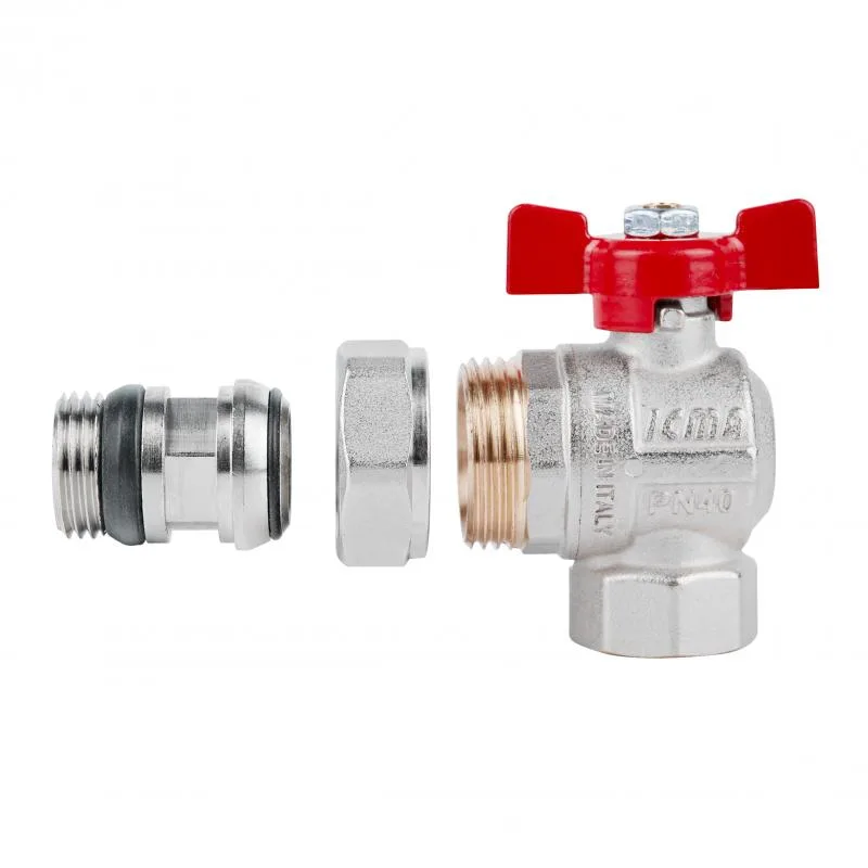 Кран шаровой угловой 3/4" с американкой латунь CW617N красный бабочка