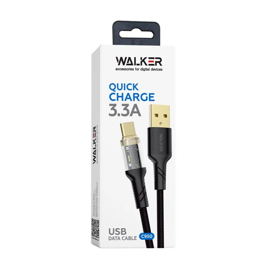 Кабель USB WALKER Type-C тканинний 1м чорний 3,3А Quick Charge 3.0