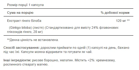 Екстракт гінкго білоба стандартизований 120 мг 100 капсул Puritans Pride