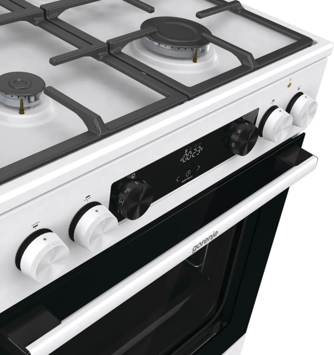 Комбінована плита Gorenje, 71 л, 60x60 см, з дисплеєм IconLed, чавунні решітки, біла