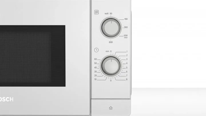 Мікрохвильова піч Bosch, 20 л, механічне управління, 800 Вт, білий колір.