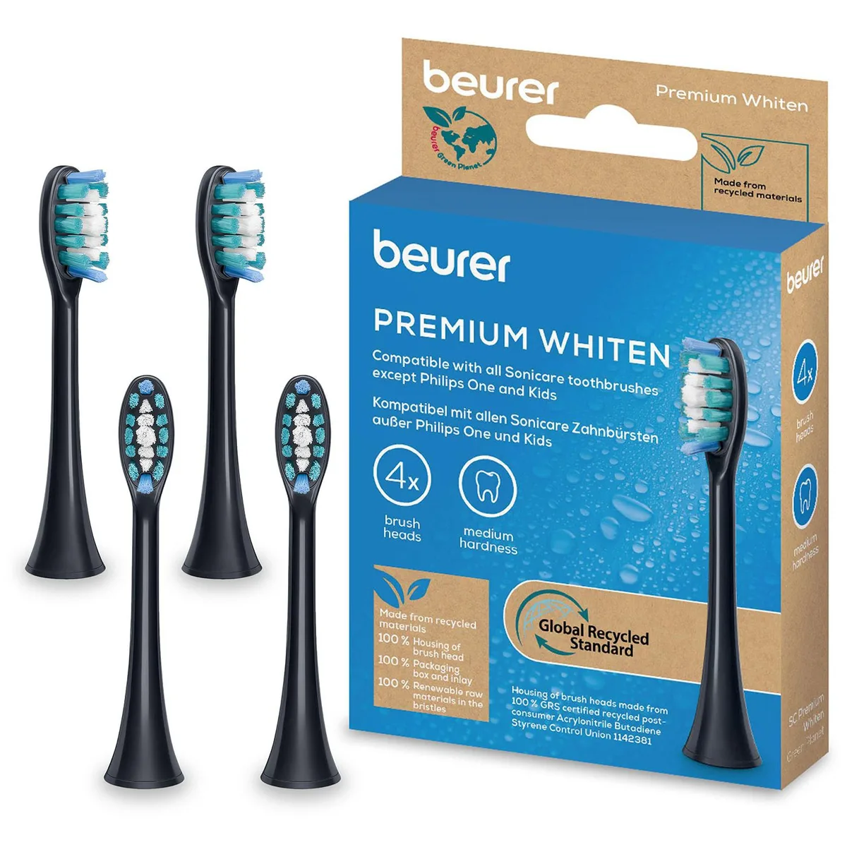 Насадки для зубних щіток Beurer SC 30/50 Premium Whiten, для ефективного відбілювання, 4 шт в комплекті, чорного кольору.