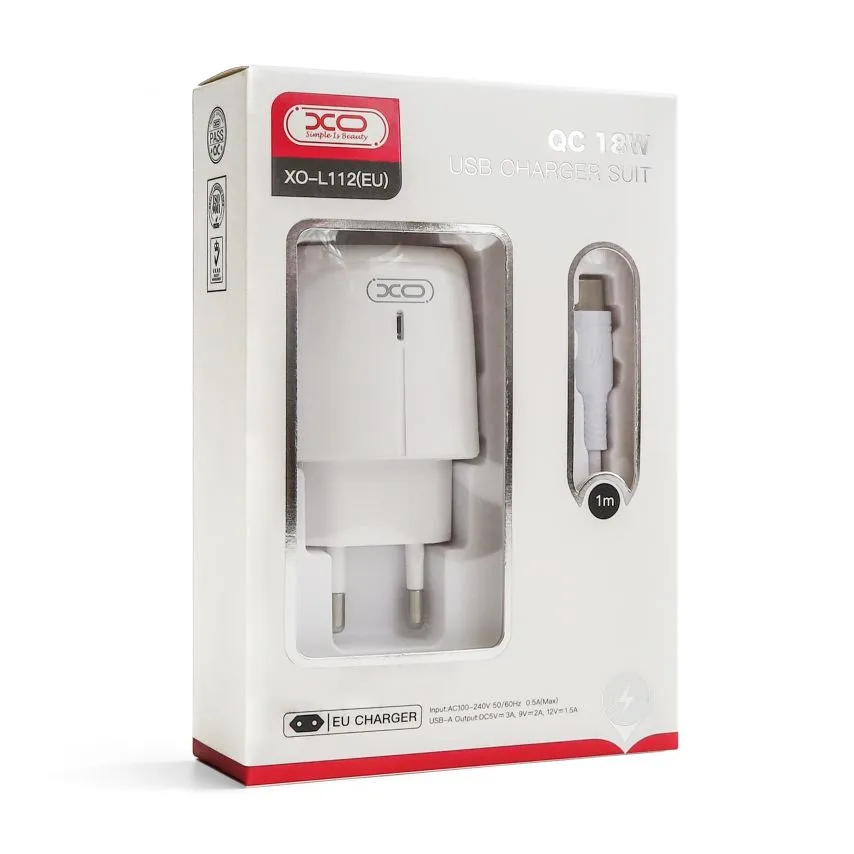 Зарядное устройство XO 18W 1USB Quick Charge с кабелем Type-C белое.