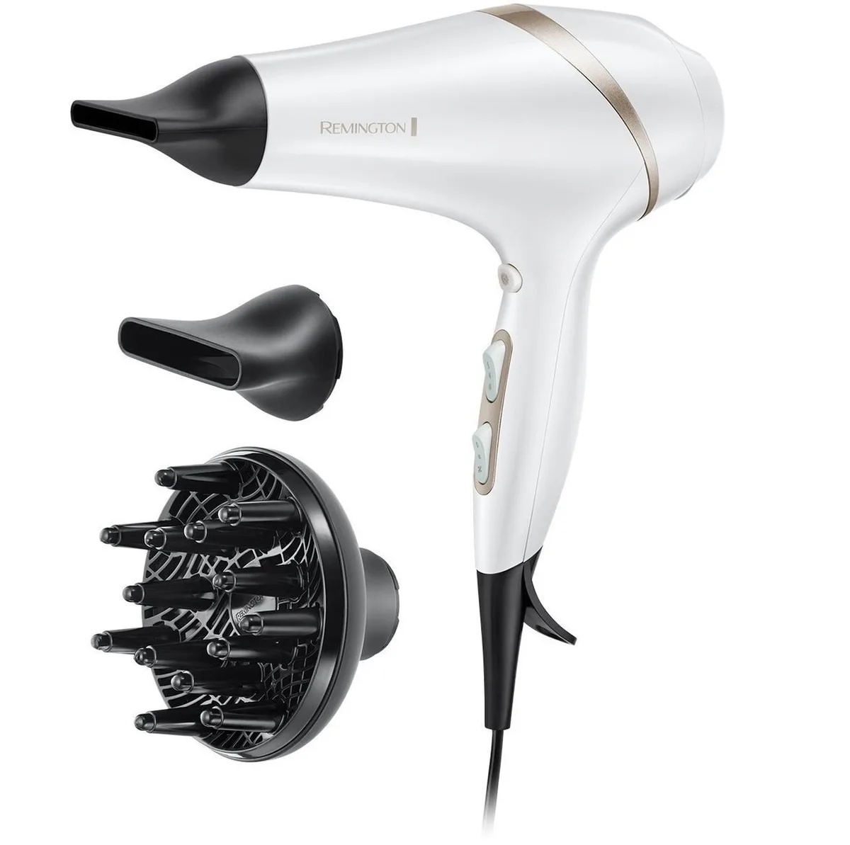 Фен Remington HydraLuxe, 2300Вт, 3 налаштування, дифузор, іонізація, холодний обдув, білий.