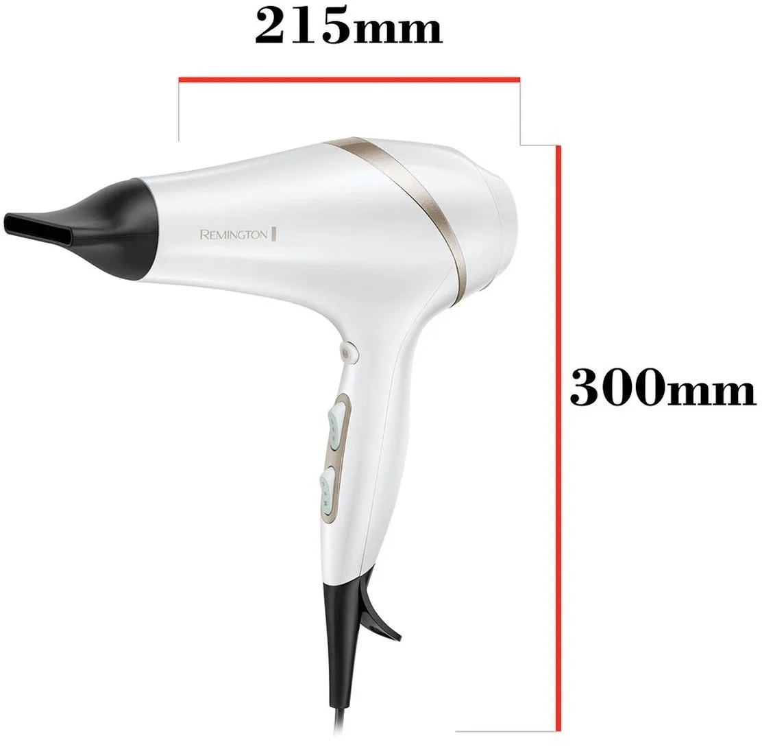 Фен Remington HydraLuxe, 2300Вт, 3 налаштування, дифузор, іонізація, холодний обдув, білий.