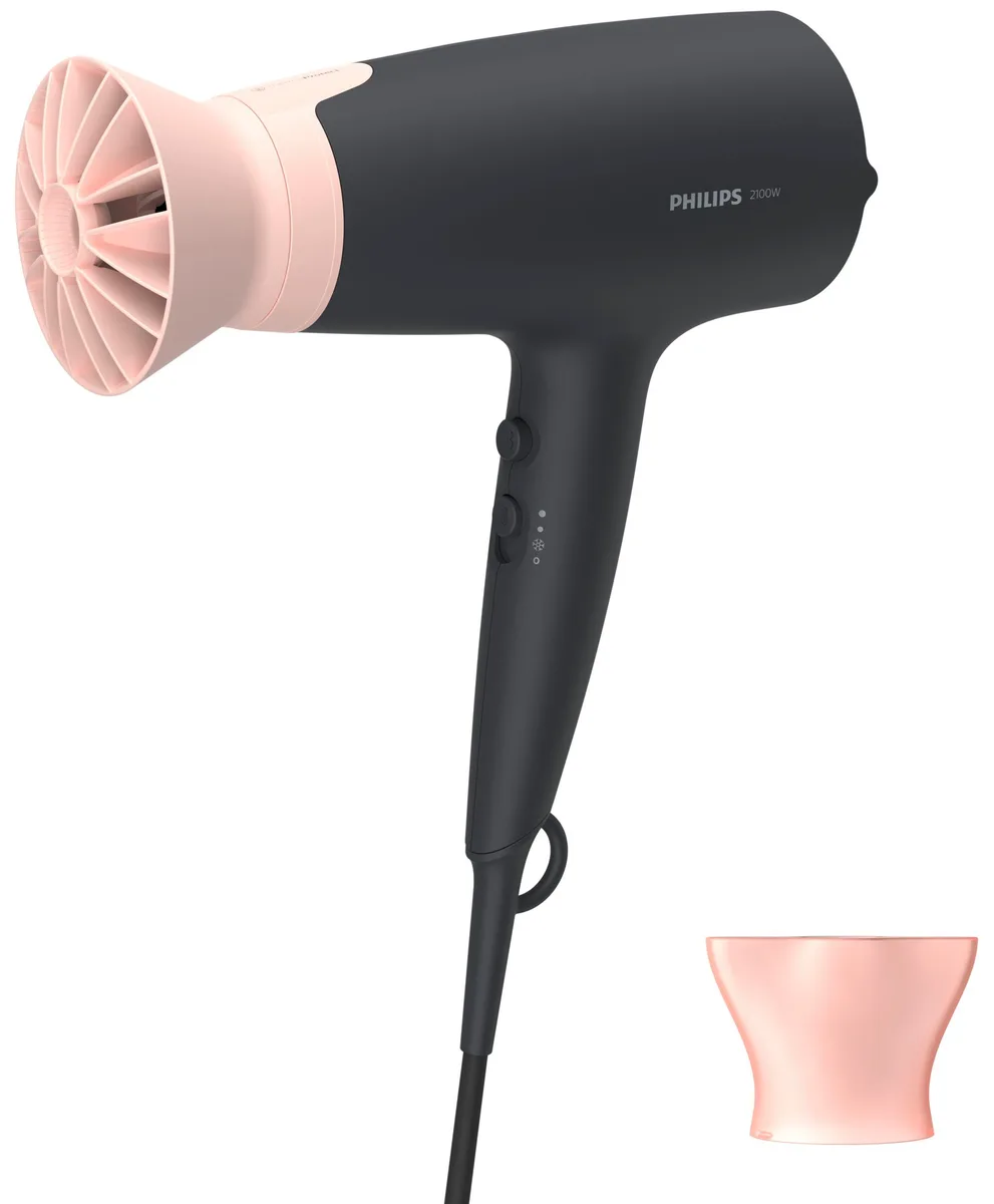 Фен Philips 3000 Series, 2100 Вт, 3 скорости, ионизация, холодный обдув, черный с розовыми акцентами