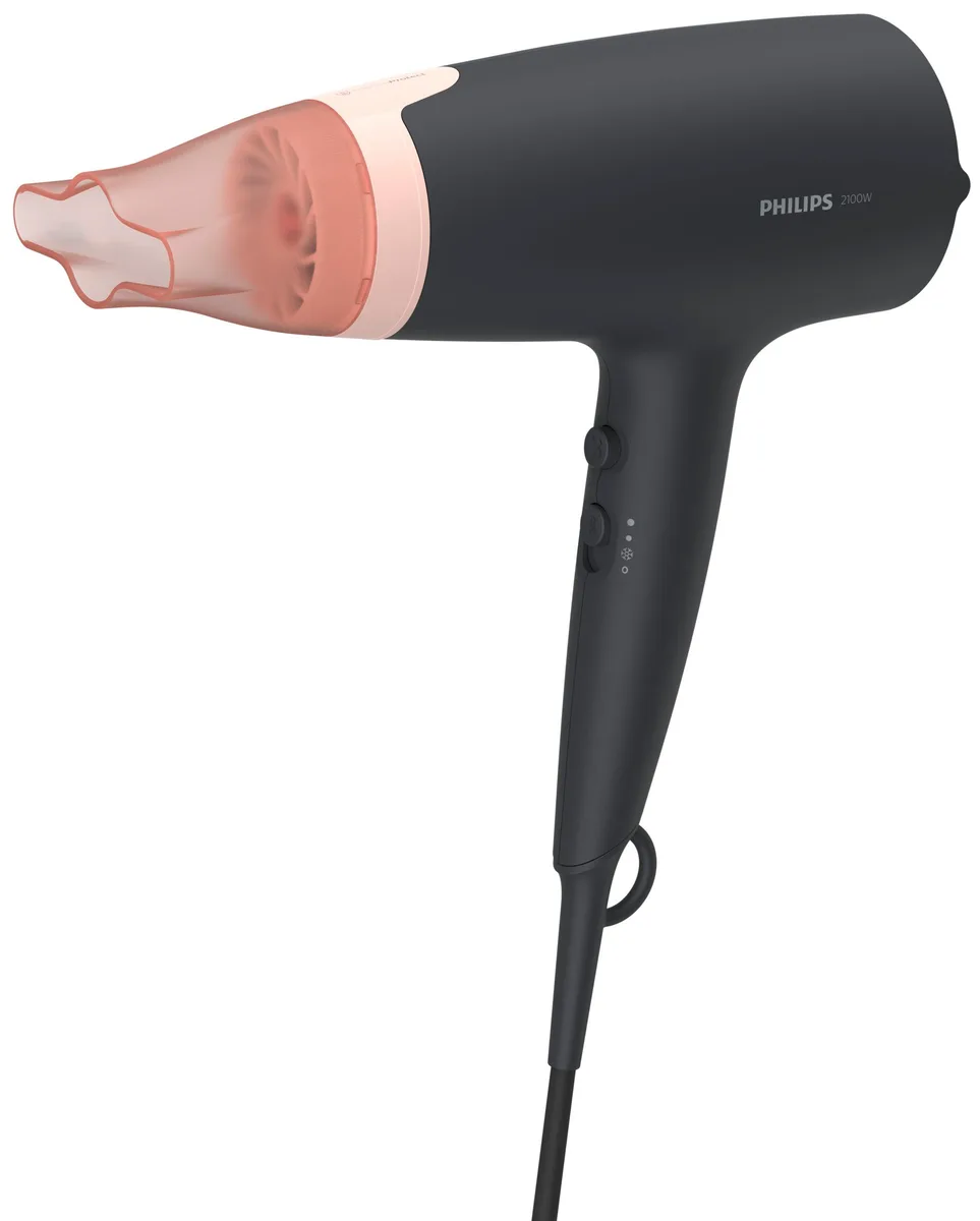 Фен Philips 3000 Series, 2100 Вт, 3 скорости, ионизация, холодный обдув, черный с розовыми акцентами