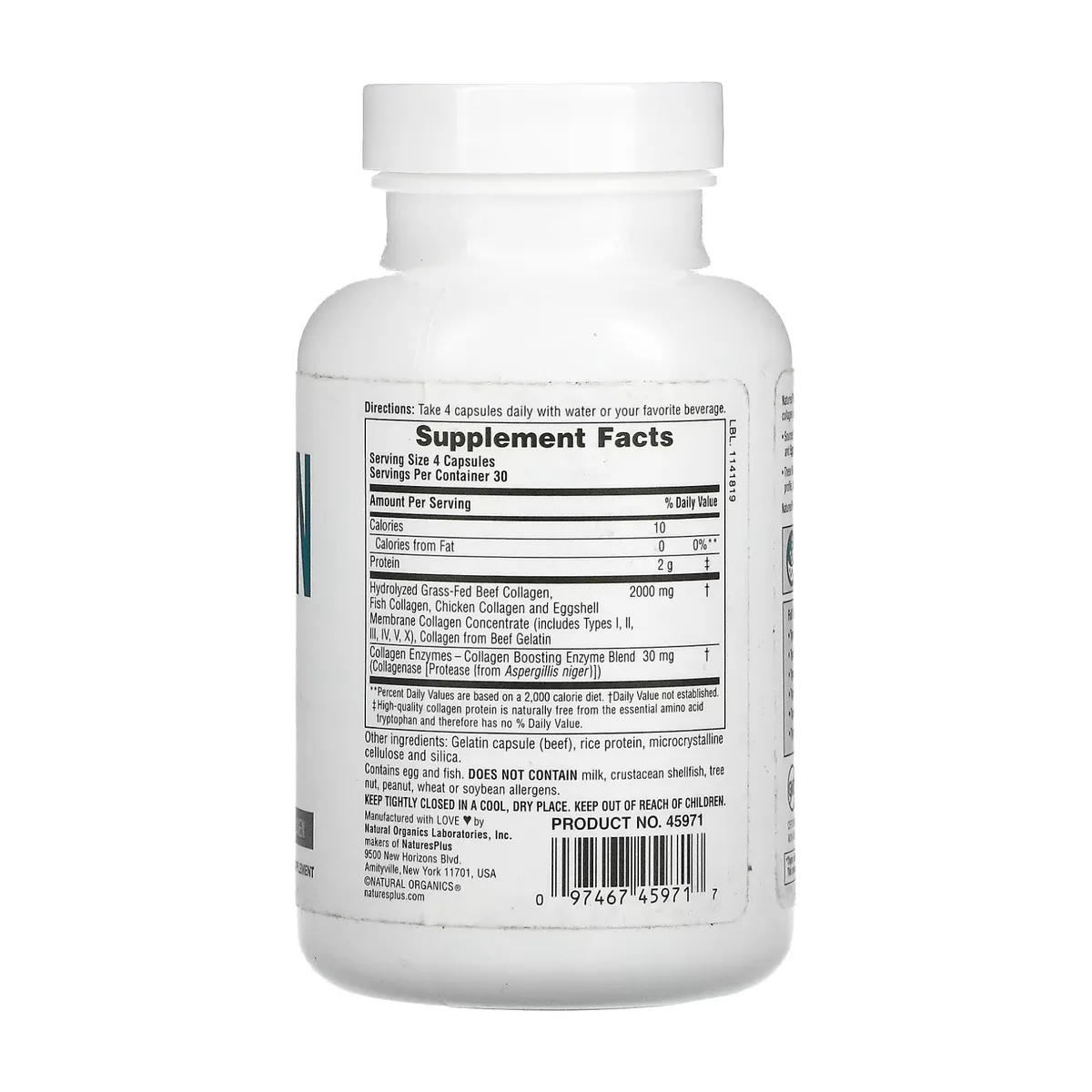 Collagen Peptides Nature's Plus 120 капсул говядина курица яичная мембрана